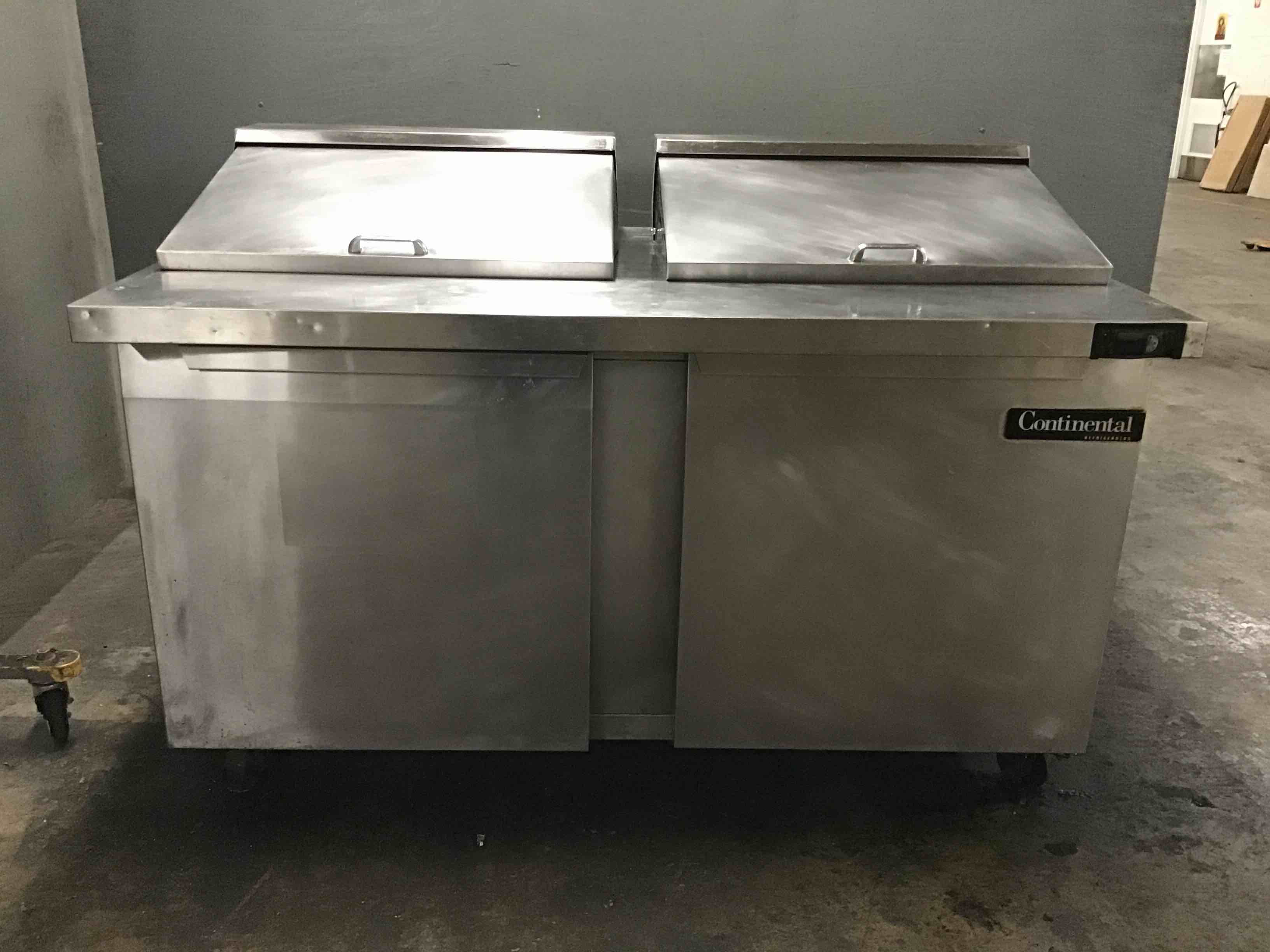 2017 Continental Stainless Steel 60 Inch 2 Door Mighty Top Refrigerated Sandwich Prep Table On Casters
