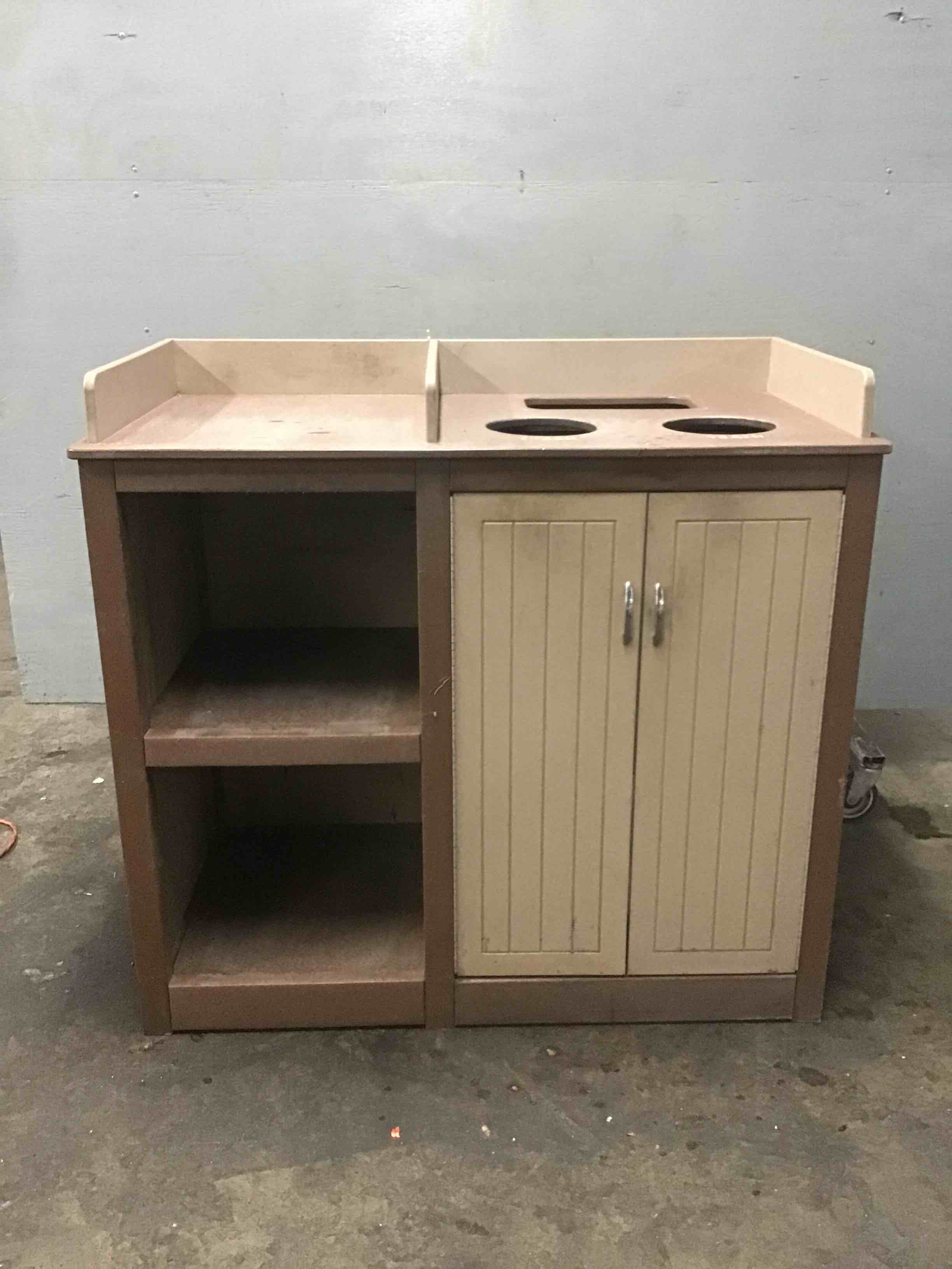Wooden Trash Receptacle with Tray Storage and Shelving 