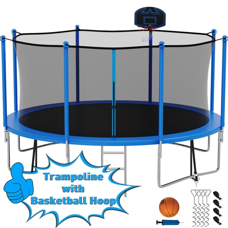 Kumix Kumix Trampoline with Enclosure, 1400LBS 14FT Trampoline for Kids Adults, Trampoline with Basketball Hoop, Ladder, Wind Stake, Recreational Outdoor Heavy Duty Trampoline for Family, ASTM CPC CPSIA