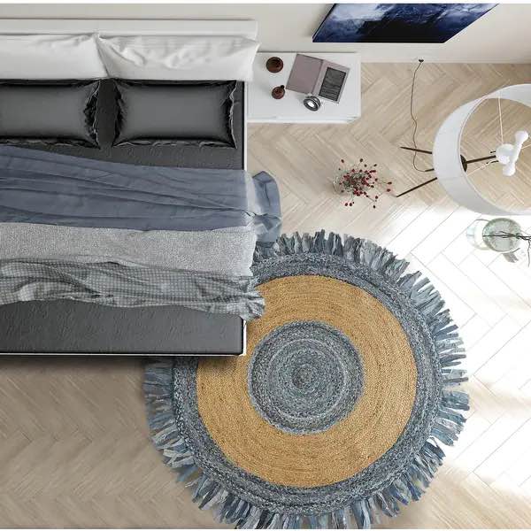 LR Home Organic Jute Braided Area Rug, Denim Blue and Natural
