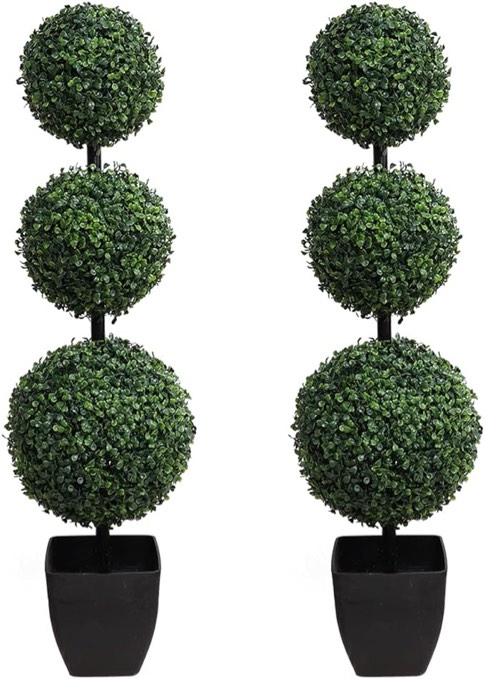 momoplant Artificial Topiaries Ball Tree Outdoor, 3.3ft Fake Topiary Triple Ball Boxwood Trees(2 Pieces), Faux Shrubs Plants Potted Green Decorative Indoor Porch or Garden(40inch)