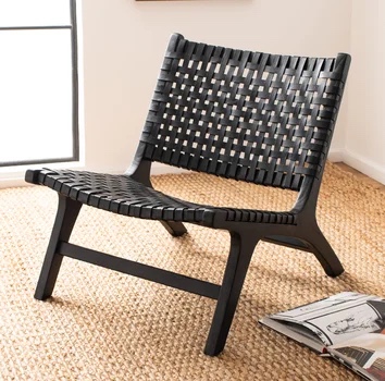 Denman Woven-Back Leather Side Chair, Black, 1pc