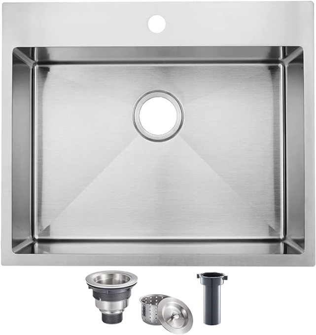  Roll over image to zoom in                      SHACO 25x22 Inch Drop In Kitchen Sink, Top Mount 16 Gauge 304 Stainless Steel 25 Inch Drop In RV Laundry Utility Sink, Brushed Nickel Single Bowl Sink Topmount Overmount Sink with Drain