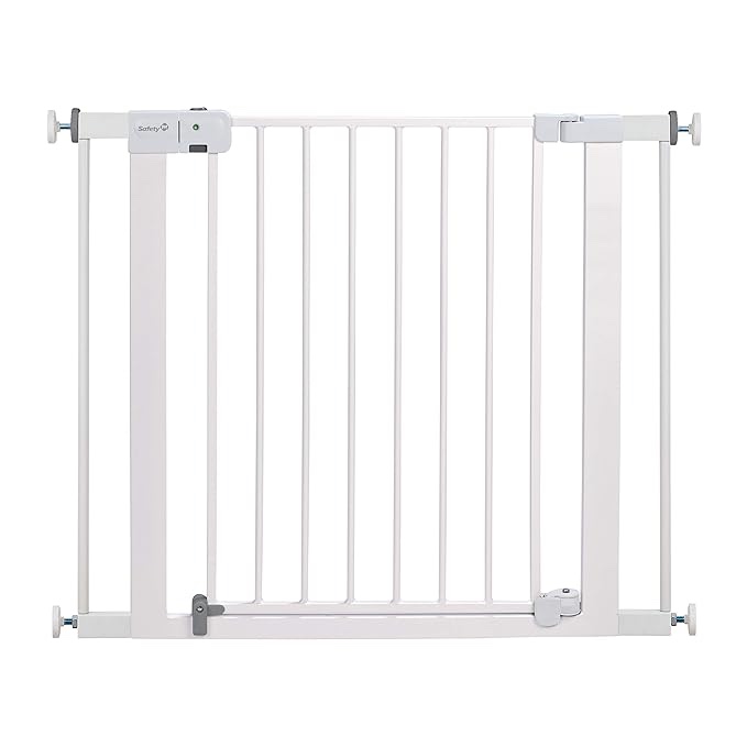 Newnice 26.7-29.5'' Narrow Baby Gate with Cat Door, Auto Close & Easy Walk Thru Dog Pet Gates for Stairs, Doorway, House, Pressure Mounted Safety Child Gate Includes 4 Wall Cups, NO Extensions, White