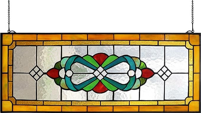 Yogoart Large Tiffany Style Stained Glass Window Hanging Horizontal Stained Glass Window Panels 30" X 12"