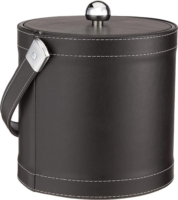 Kraftware Ice Bucket with Stitched Handle, Fabric Lid and Chrome Astro Ball Knob, Black - 3 Quart