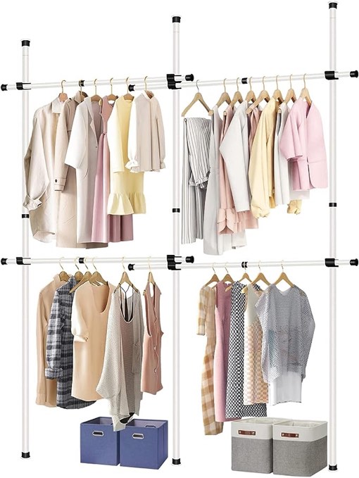 Clothing Racks for Han . Rack White,Tension Rod 42”-65” vertical long rod 42.5” vertical short rod 22.8” Horizontal rod 27.5”-47.2”
