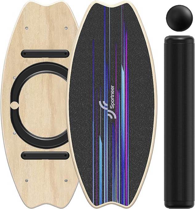 Wooden Balance Board with Adjustable Stoppers: 7 Modes Wobble Board with Roller and Balance Ball - Exercise Balancing Stability Trainer for Workout Core Trainer Physical Therapy - Non Slip Surface