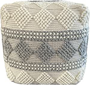 NOORI HOME - Premium Handmade & Handcrafted Comfy Modern Square Diamond Ally Wool - Ivory Beige Grey - Beanie Pouf Ottoman Chair Footrest Footstool Seat - 18"x18"x18" - Living Room, Bedroom, Kids Room