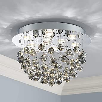 Saint Mossi 9-Lights Modern K9 Crystal Chandelier Light Fixture, Flush Mount Ceiling Light, Perfect for Bedroom, Dining Room, Living Room, H13 x D20, Smoky Grey Crystal & Chrome Finish