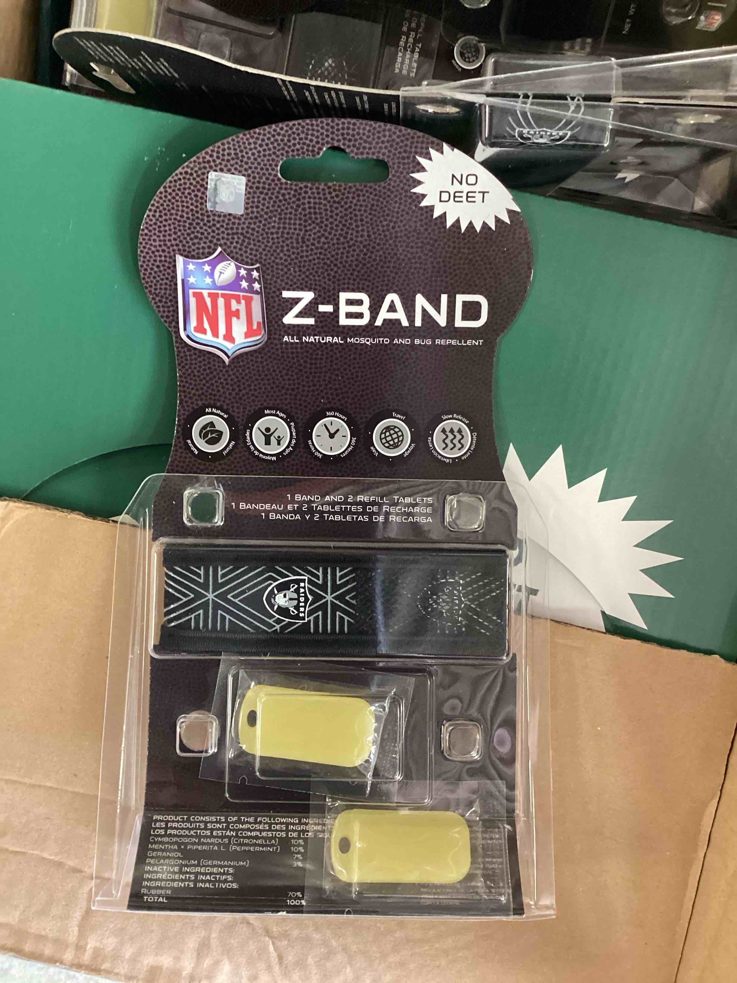 case of 72 Zee band insect repellent, no deer Team Sports America Oakland Raiders Wrist Band
