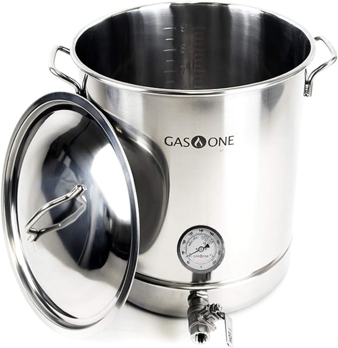 GasOne BS-40 10 Gallon Stainless Steel Kettle Pot Pre Drilled 4 PC Set 40 Quart Tri Ply Bottom for Beer Includes Lid, Thermometer, Ball Valve Spigot-Home Brewing Supplies, QT 40 QT/10 GALLON