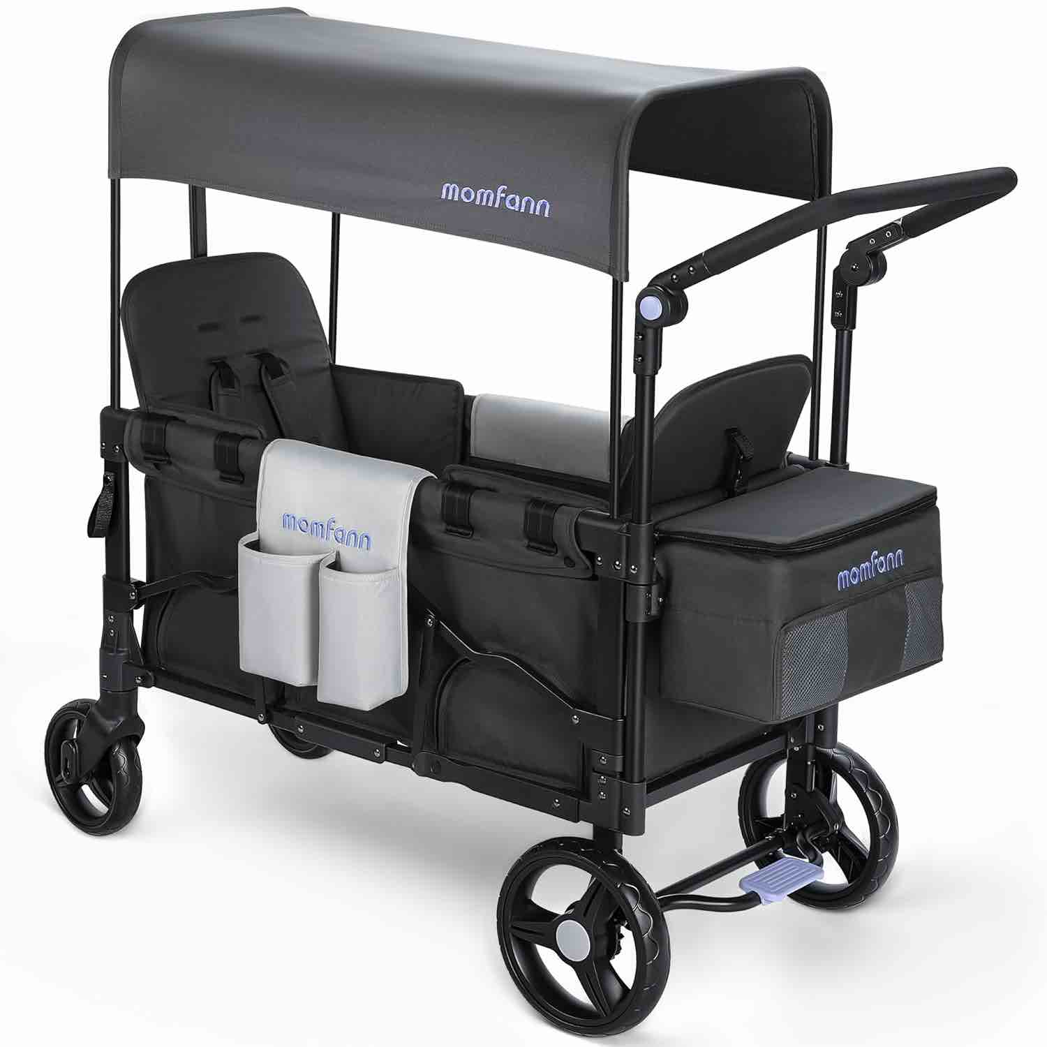 Double Stroller Wagon for Kids, Baby Wagon Stroller with Adjustable Handle for Toddler Includes Canopy & Organizer, Foldable and Convenient for Storage, Gray