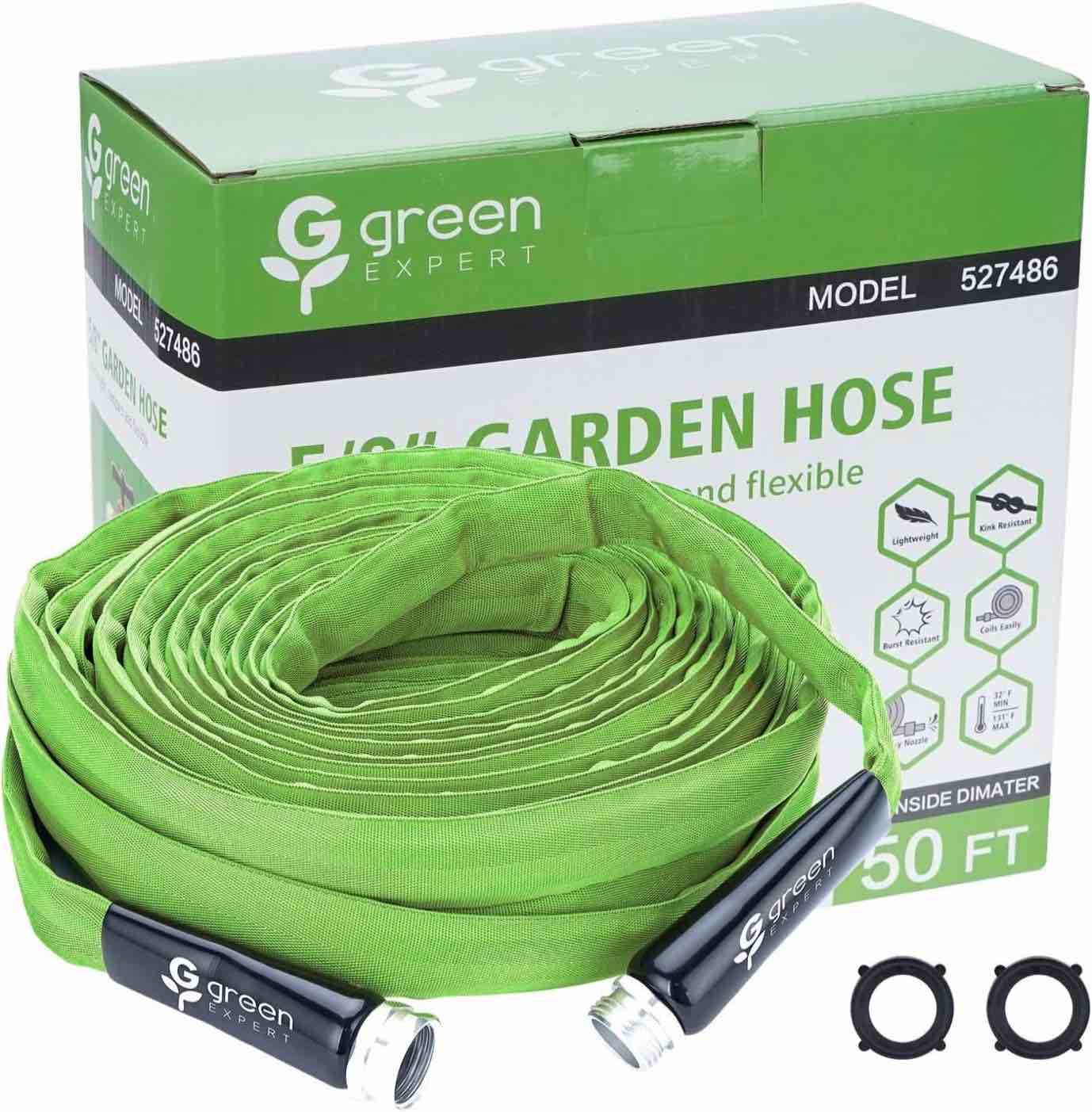 Green Expert - Manguera de agua plana de jardn de 5/8 pulgadas de dimetro interior, ligera, con adaptadores de metal GHT de 3/4 pulgadas, fcil de instalar, kit de riego porttil para riego del