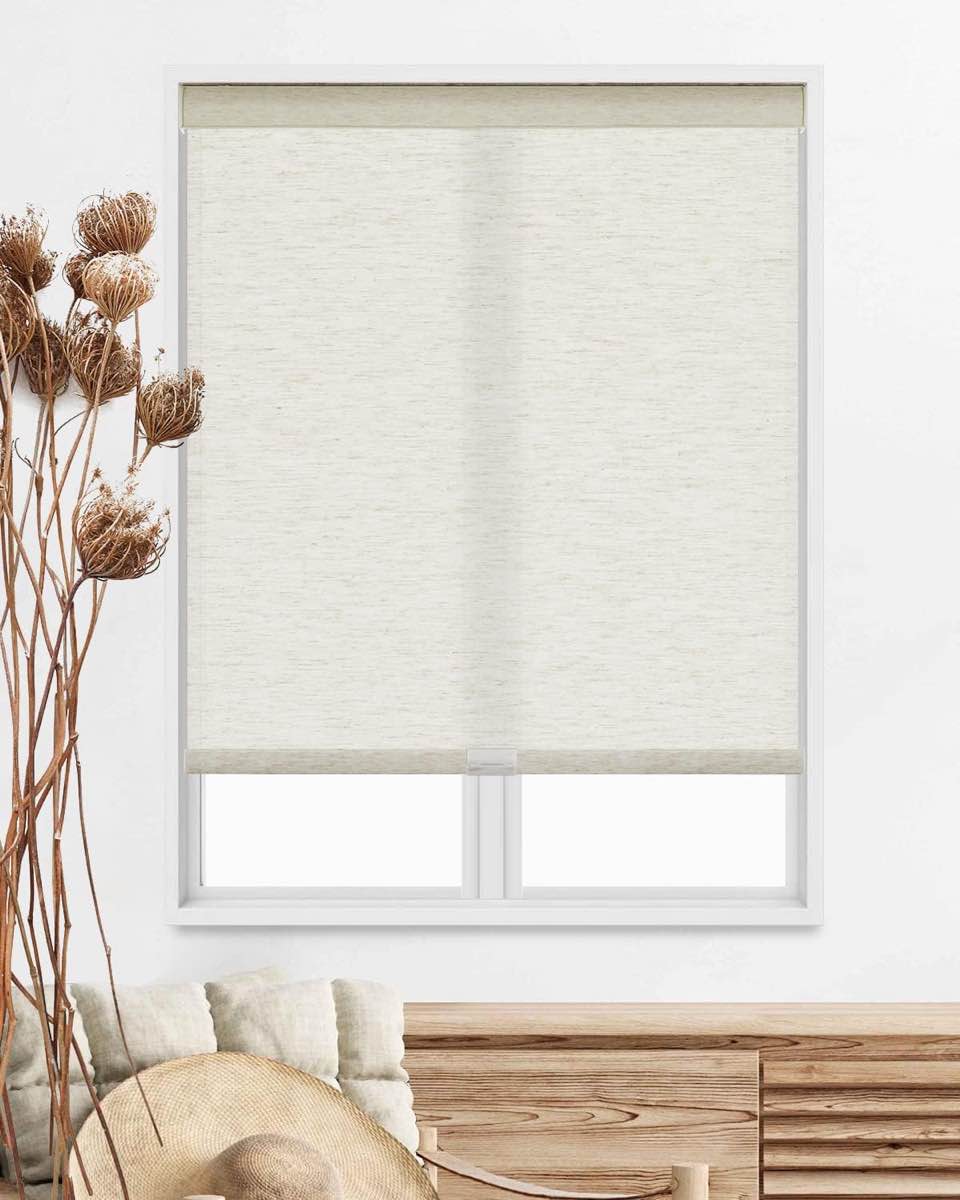 Free-Stop Cordless Roller Shades for Window Shades Natural Woven Linen Fabric Light Filtering Roller Blinds UV Protection Privacy Window Treatment for Home, Patio (12"W x 48"H, Linen Beige)