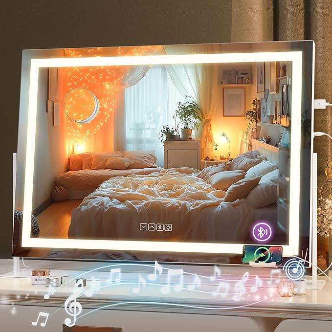 Hasipu Vanity Mirror with Lights and Bluetooth Speaker, 28" x 20" LED Makeup Mirror, Light up Mirror with 10X Magnification, USB Charging Port, Smart Touch 3 Colors Dimmable (White)