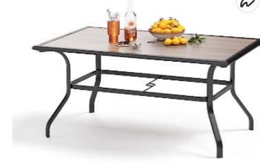 PHI VILLA Metal Patio Dining Table Steel Rectangular Outdoor Table, Weather-Resistant Table with 1.57" Umbrella Hole for Lawn Backyard Garden, Wood-Like