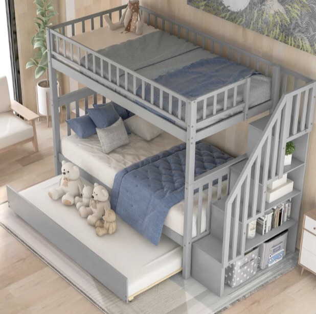Polebridge Kids Twin Over Twin Bunk Bed with Trundle(Incomplete box 3 of 3)