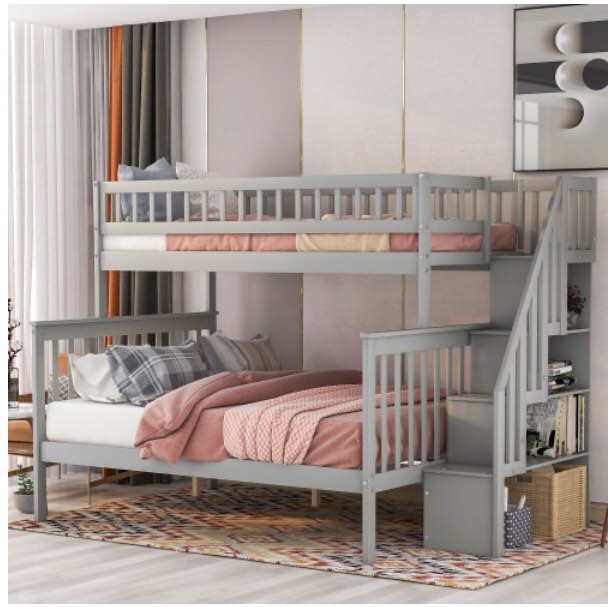 Twin Over Full Bunk Bed with Stairs, Solid Wood Stairway Bunk Bed with Storage and Guard Rail for Kids Teens Adults(box 1 of 3 box 2 of 3 and box 3 of 3)