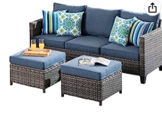 ovios Patio Sofa, All Weather Outdoor Rattan Wicker Sofa and 2 Ottomans High Back Couch for Garden Backyard Porch (3 PCS, Denim Blue)( Incomplete box 1 of 2)