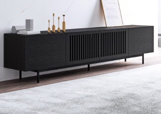 BEST SELLER Mid-Century Modern TV Stand, Black Minimalist Media Console with Slatted Wood Cabinet ( Incomplete box 1) 