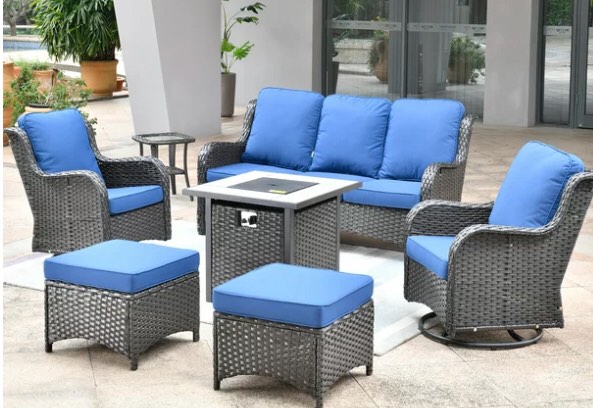 Ovios 7 Pieces Outdoor Patio Furniture with 30 inch Fire Pit Table All Weather Wicker Metal Frame Conversation Set with 360°Swivel Chair for Porch( Incomplete box 2 of 2)