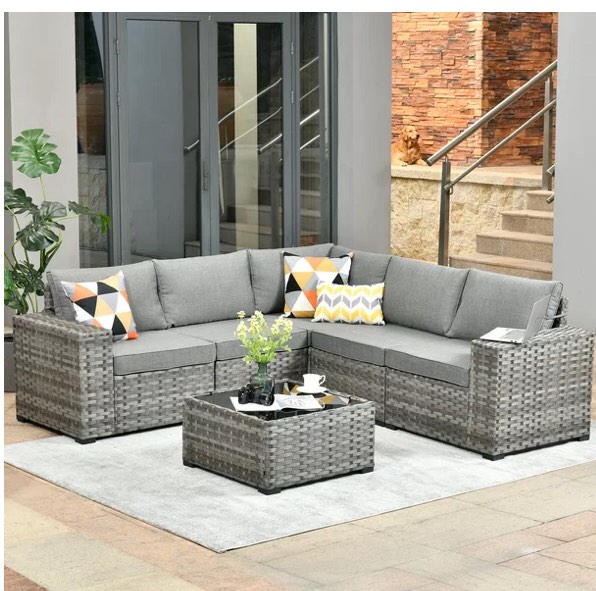 Ovios 6 Piece Outdoor Furniture All Weather Wicker Patio Conversation Sectional Sofa Set with Side Table for Garden Backyard( Incomplete box 1)