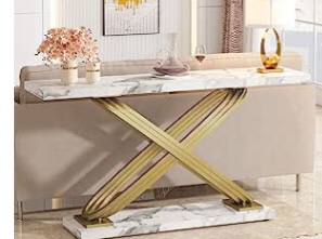 Tribesigns 55 Inches Long Sofa Table, Modern Faux Marble Gold Console Table Behind Sofa Couch, Narrow Rectangular Entryway Table for Living Room, Office, Coffee Bar, Front Hall, Hallway, Gold & White( Incomplete box 1)