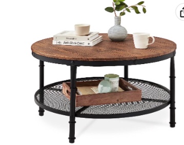 Best Choice Products 2-Tier 35.5in Round Industrial Coffee Table, Rustic Steel Accent Table for Living Room, w/Wooden Tabletop, Reinforced Crossbars, Padded Feet, Open Shelf, Raised Bottom - Brown