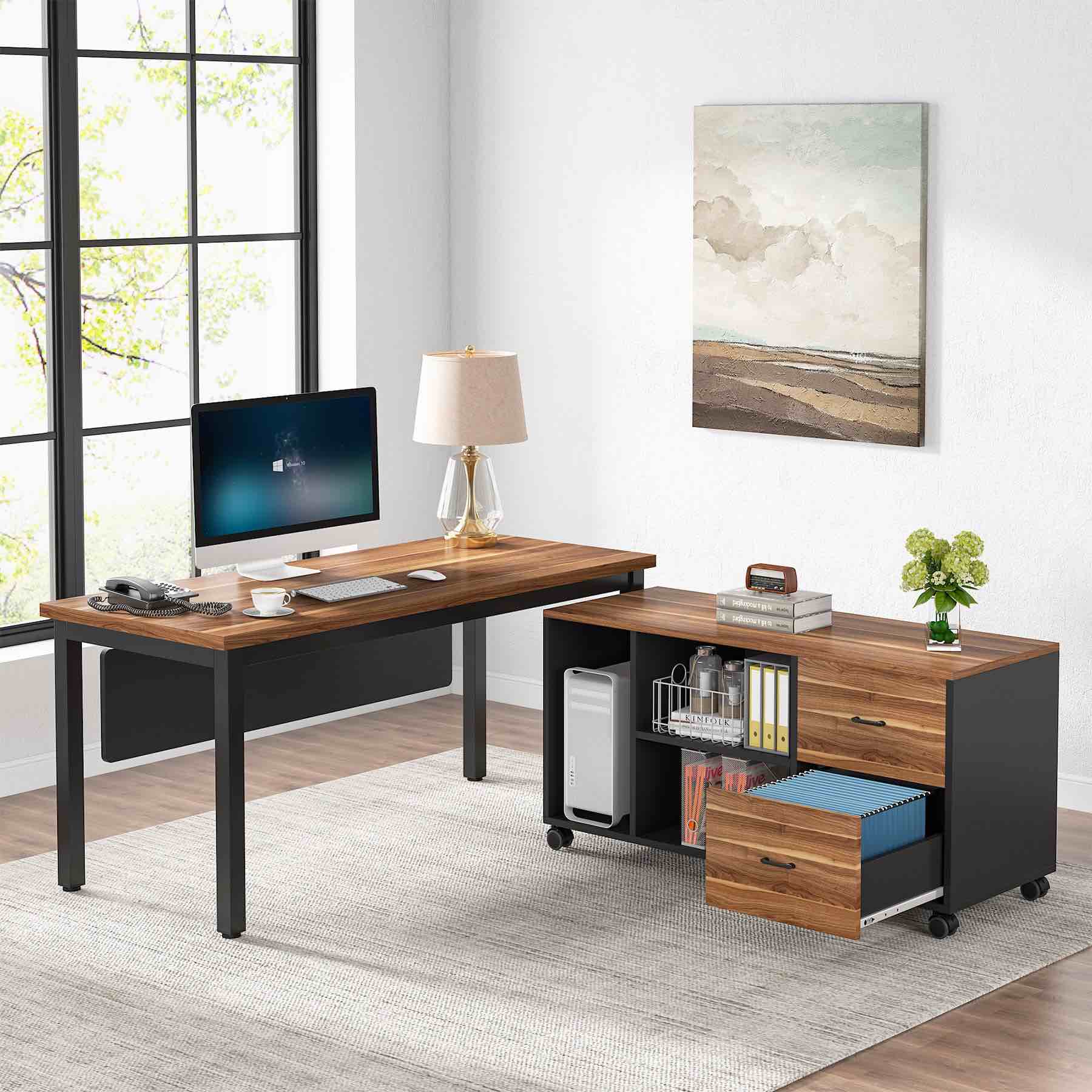 Tribesigns L-Shaped Desk, Executive Computer Desk with Storage Cabinet walnut (similar to stock image, incomplete)