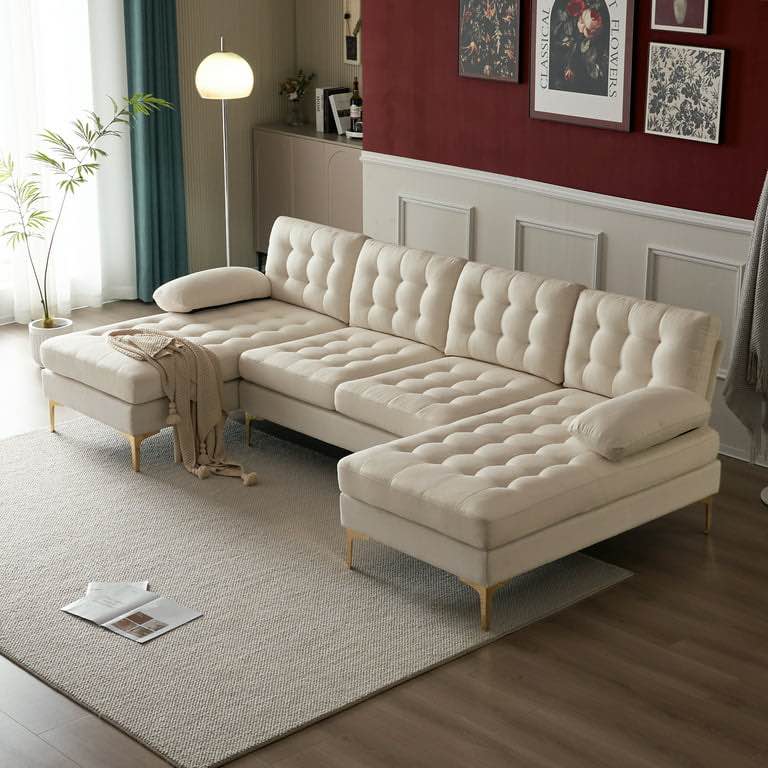 FCH Ktaxon Modern U-Shape Sectional Sofa, Tufted Linen Fabric Sectional Couch, Double Wide Chaise Lounge Couch with Metal Feet for Apartment Living Room Beige (incomplete)