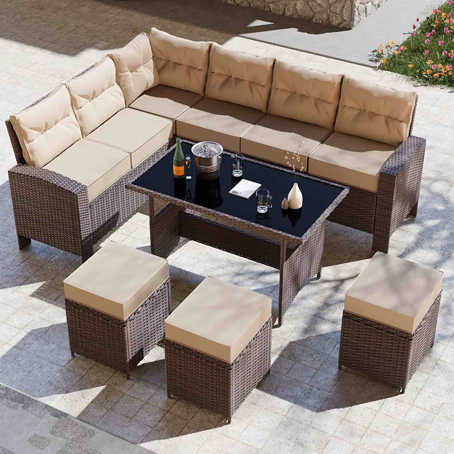 Gotland 7 Piece Outdoor Patio Furniture Set All-Weather Wicker Rattan Sofa Set Outdoor Sectional Conversation Set with 3 Loveseats,1 Dining Table and 3 Footrests,Sand (INCOMPLETE SET, MISSING BOXES)