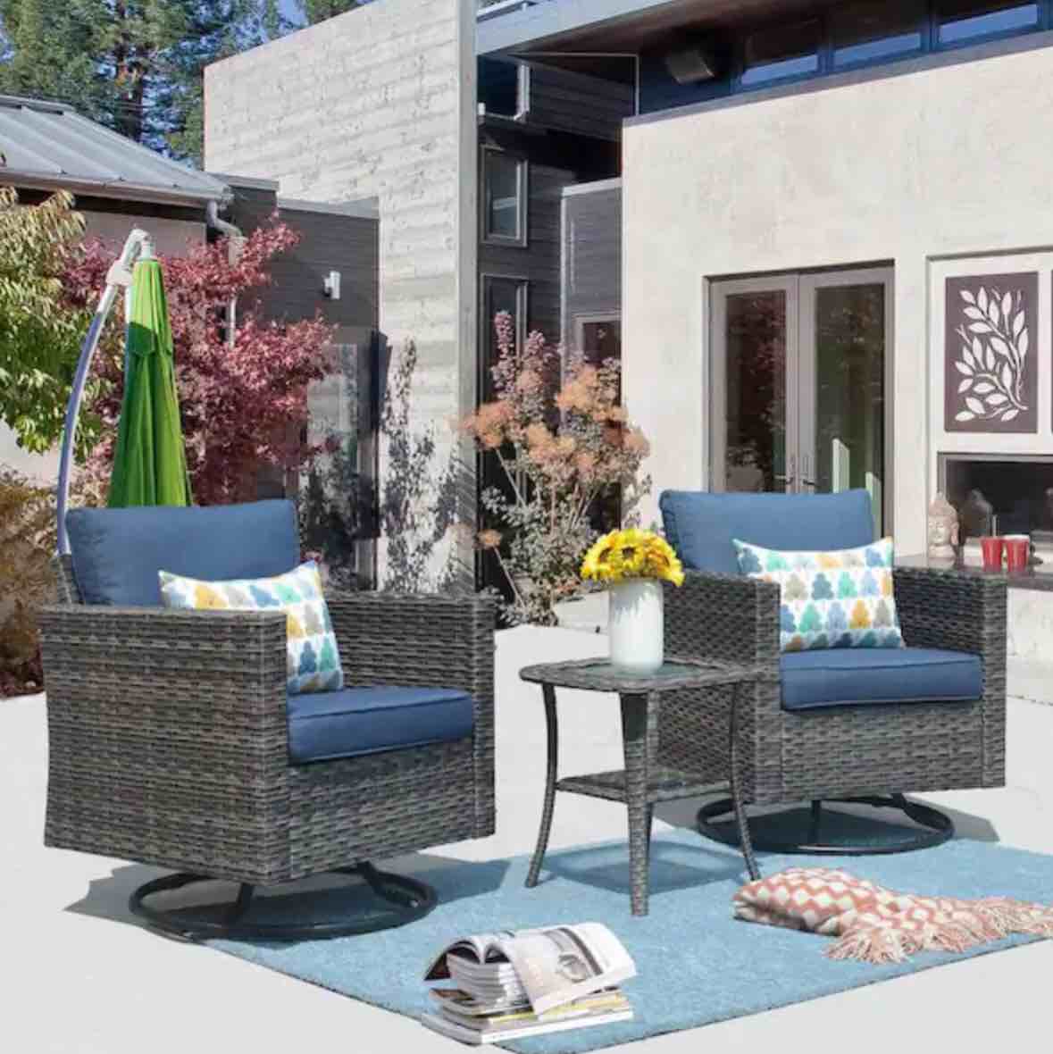 XIZZI Megon Holly Gray 3-Piece Wicker Patio Conversation Seating Sofa Set with Denim Blue Cushions and Swivel Rocking Chairs