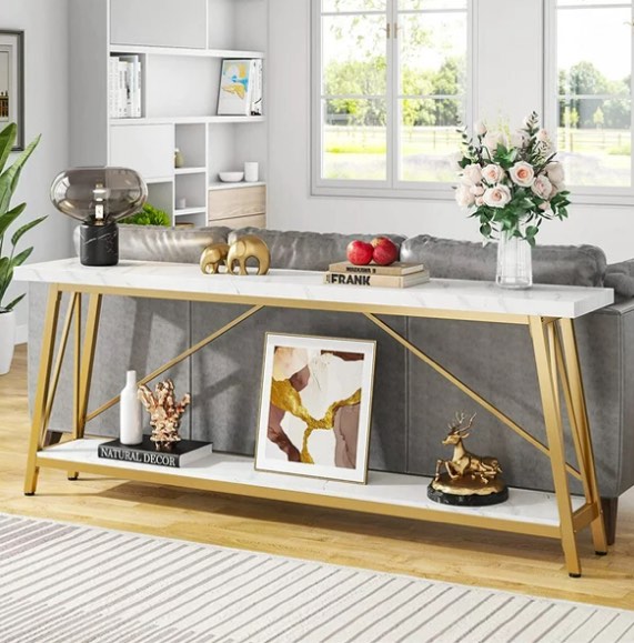 Tribesigns 70.9 Inches Extra Long Sofa Table Behind Couch, Modern Faux Marble Entry Console Table with Gold Metal Frame for Hallway, Entryway & Living Room
