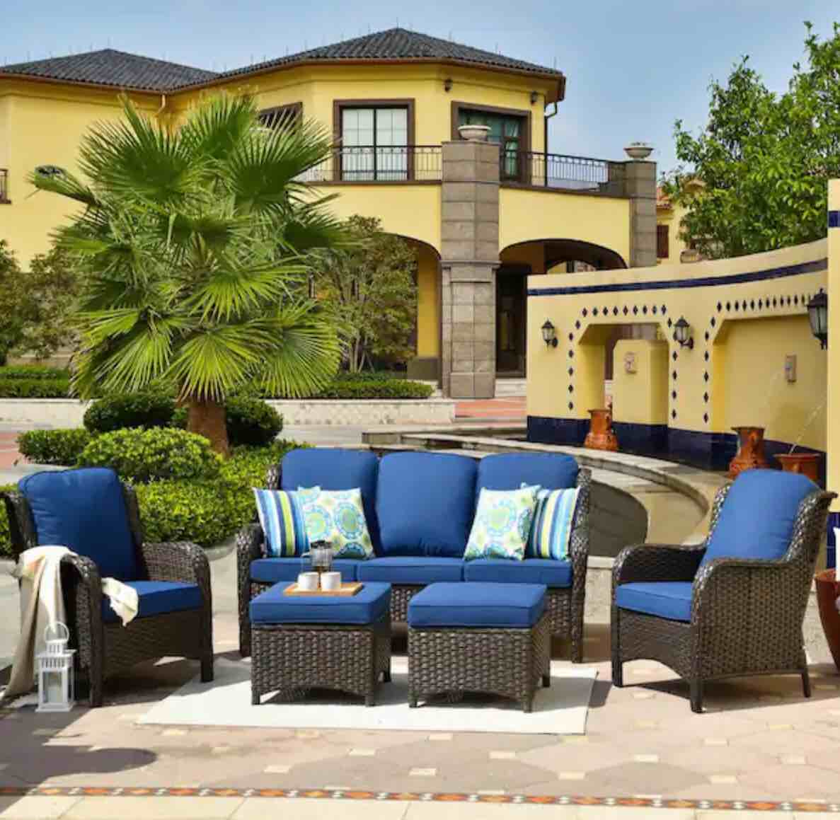 OVIOS New Kenard Brown 5-Piece Wicker Outdoor Patio Conversation Seating Set with Navy Blue Cushions (incomplete) (box 1of 2 only)