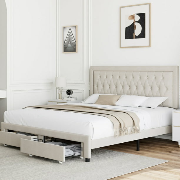 Homfa King Size Storage Drawers Bed Frame, Linen Upholstered Platform Bed with Adjustable Button Tufted Headboard, Beige