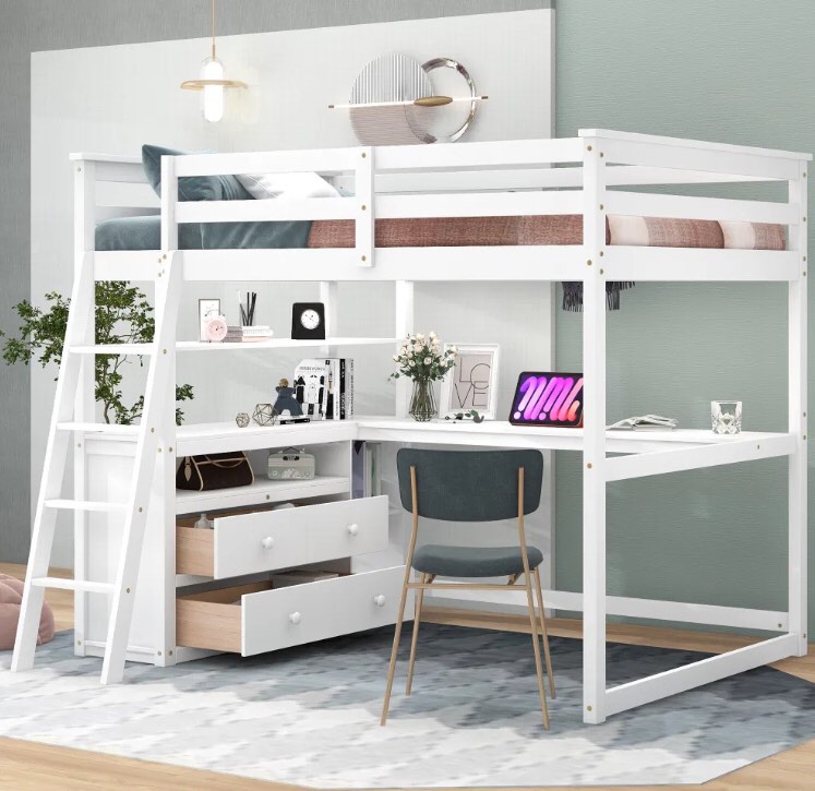 Full Size Loft Bed with Desk and Shelves; Two Built-in Drawers (incomplete) (box 2 of 2 only)