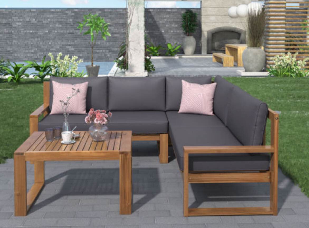 3-Piece Patio Sectional Set Acacia Wood and Grey Cushions Ideal for Outdoors and Indoors By  NEW SPACE (incomplete) (box 1 of 3 only)