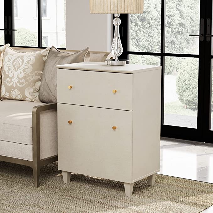 End Table with Drawer, Modern Large Sofa Couch Side Table, Nightstand with Adjustable Storage Shelf, Beige Faux Linen Textured Finish Wood Accent Table with Door for Living Room, 23.6x15.3x32.4