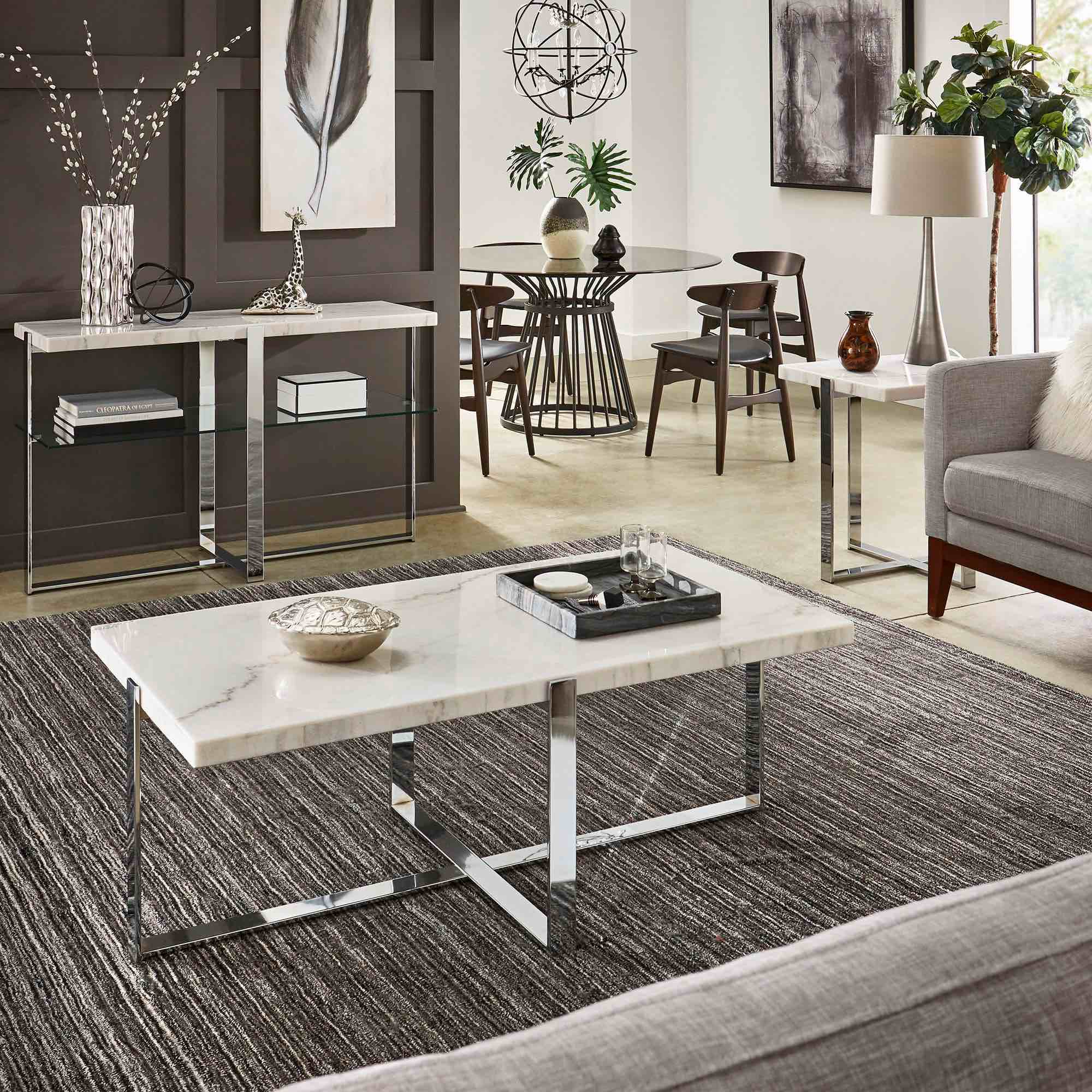 MARBLE TOP CHROME FRAMED TABLES - END TABLE, COFFEE TABLE, AND SOFA TABLE SET (incomplete) box 2/2 