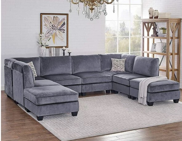 Contemporary Home Living Set of 8 10' Iron Gray Velvet Modern Style Modular  (Incomplete) ottoman only 