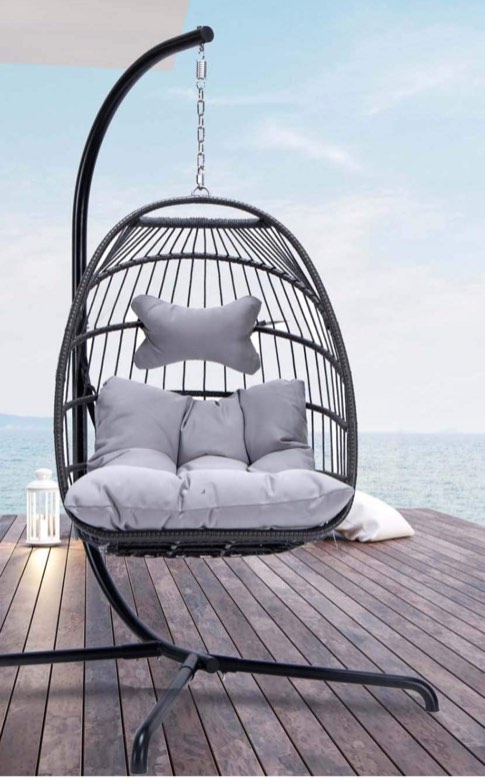 NICESOUL® Indoor Outdoor Patio Wicker Hanging Chair Swing Hammock Egg Chairs UV Resistant Cushions 350lbs Capaticy for Patio Bedroom Balcony (Grey) 