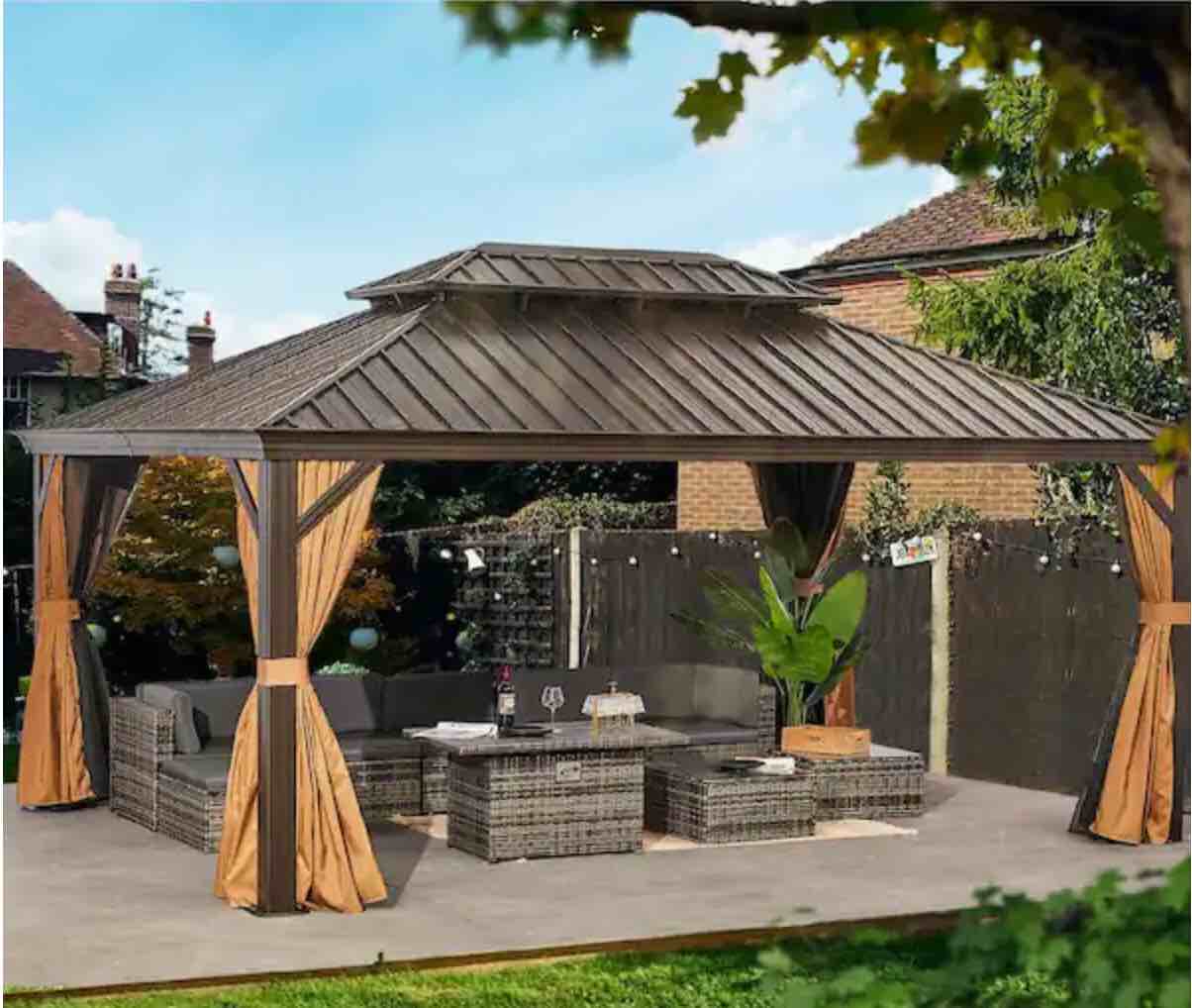 12 ft. x 16 ft. Bronze Gold Aluminum Hardtop Gazebo Galvanized Steel Roof with Curtain and Mosquito Net (Incomplete) box 2/6 only 
