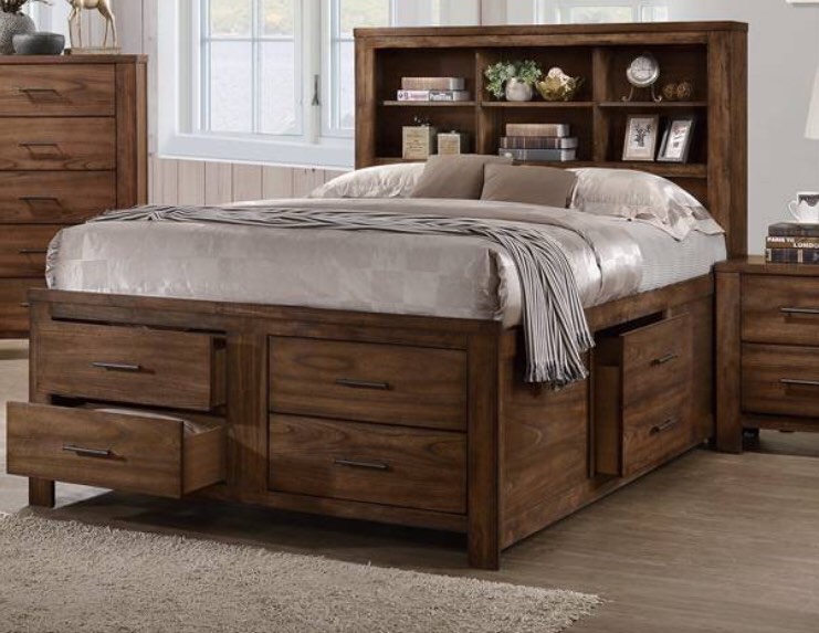 Morgan medium brown natural finish wood queen captians bed with storage drawers