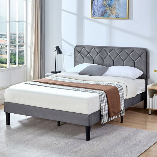 VECELO Full Size Upholstered Platform Bed Frame with Modern Adjustable Headboard, Mattress Foundation/Wooden Slats Support, No Box Spring Needed, Dark Gray
