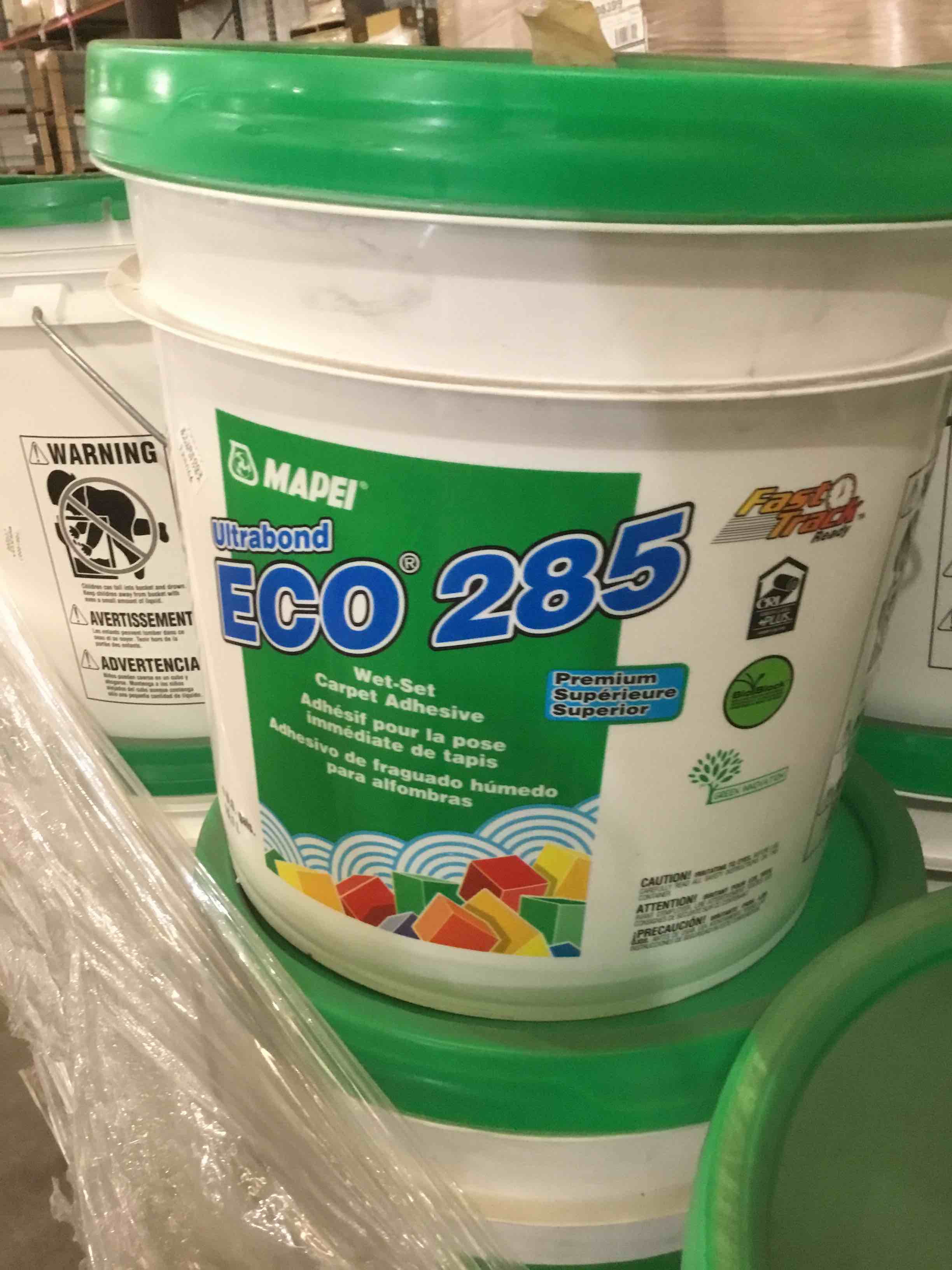 Skid of Mapei ECO 285 Wet Set Carpet Adhesive, 4 gallon bucket, 34 buckets total, your bid per bucket