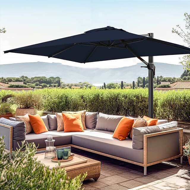 wikiwiki 10x10FT Cantilever Patio Umbrella Outdoor Offset Square Umbrella w/ 36 Month Fade Resistance Recycled Fabric, 6-Level 360°Rotation Aluminum Pole for Deck Pool, Navy Blue 10x10FT-Navy Blue