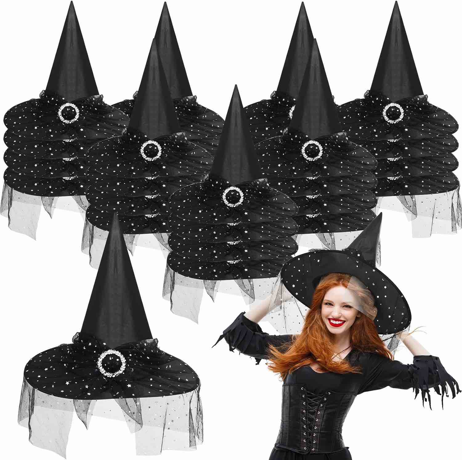 Foaincore 24 Pieces Halloween Witch Hats Pack Women Witches Hat Bulk Lace Shiny Black Veils Steeple Cosplay Halloween Party Supplies for Adult Children Masquerade Party Home Yard Decor, Black