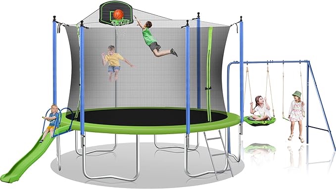 Steelway 14ft Trampoline Combination with Swing and Slide, Trampoline with Safety net and Basketball Hoop, Outdoor Trampoline for Kids and Adults