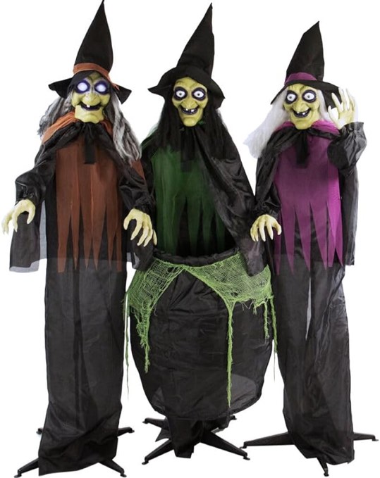 Haunted Hill Farm Life-Size Animatronic Scary Talking 3 Witches with Cauldron, Indoor/Covered Outdoor Poseable Halloween Decoration with Light up Eyes and Sound, Battery-Operated